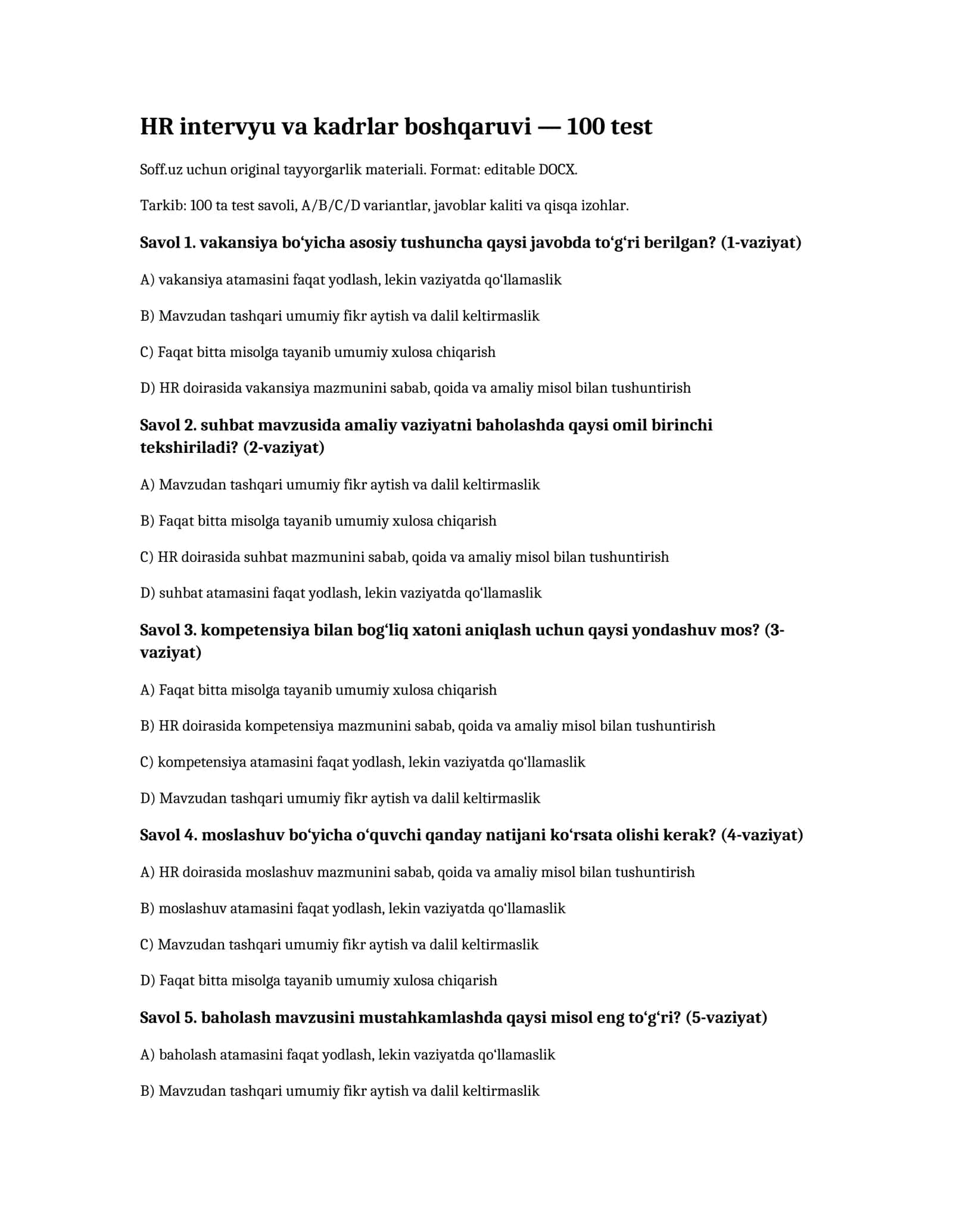 HR intervyu va kadrlar boshqaruvi — 100 test
