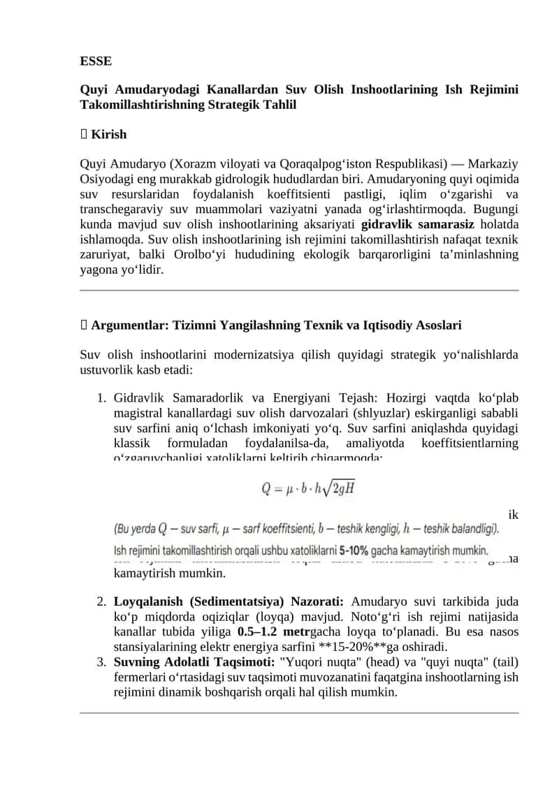 Quyi Amudaryodagi Kanallardan Suv Olish Inshootlarining Ish Rejimini Takomillashtirishning Strategik Tahlil