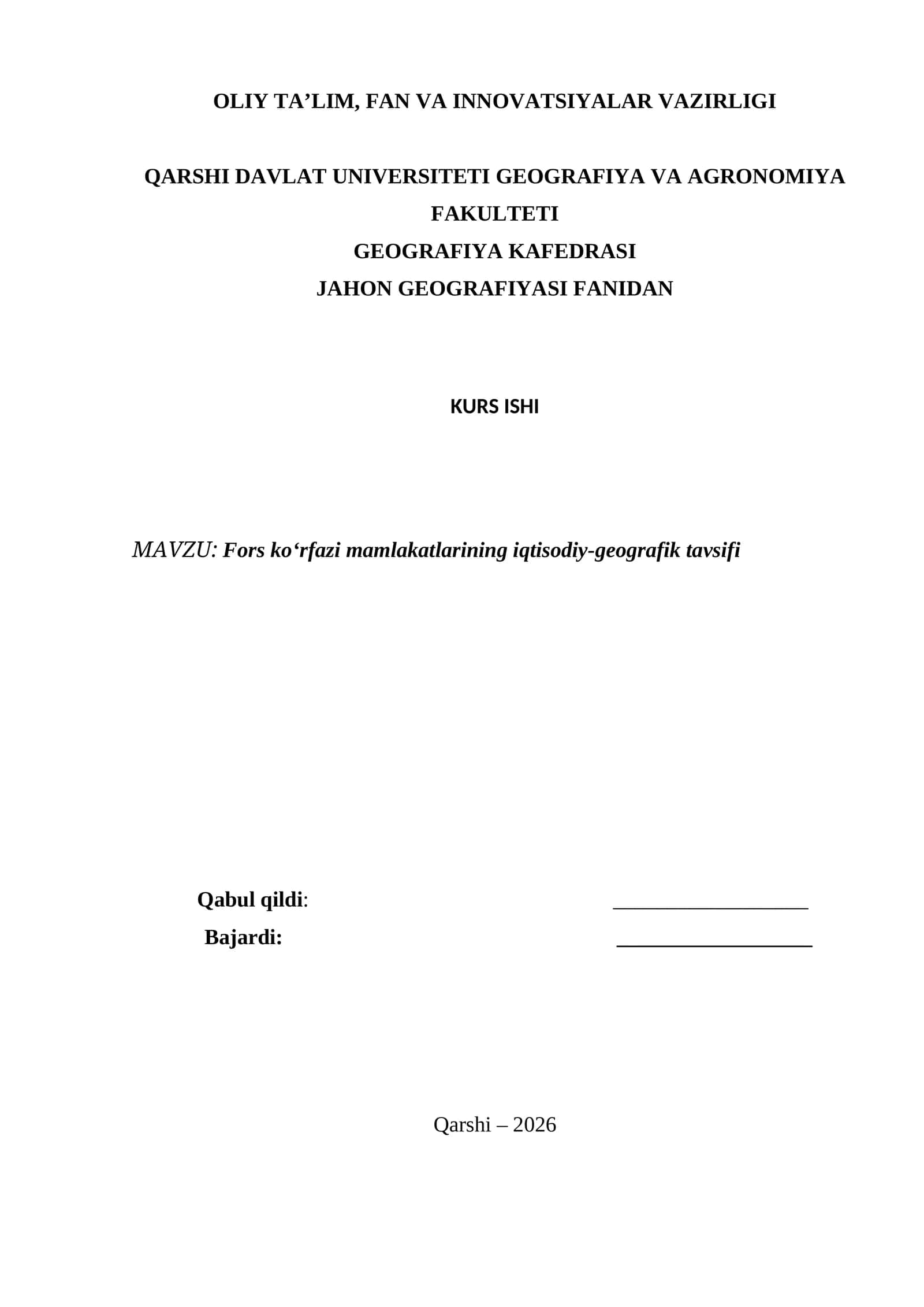 Fors ko‘rfazi mamlakatlarining iqtisodiy-geografik tavsifi