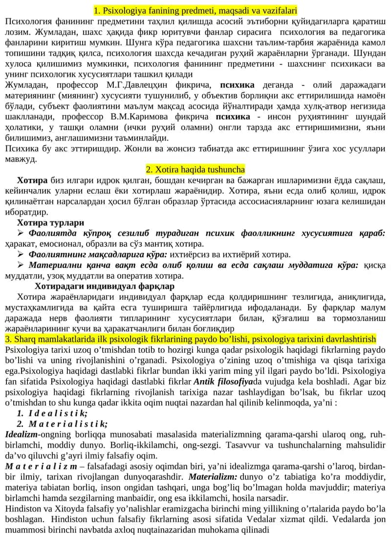 Psixologiya fanining predmeti, maqsadi va vazifalari