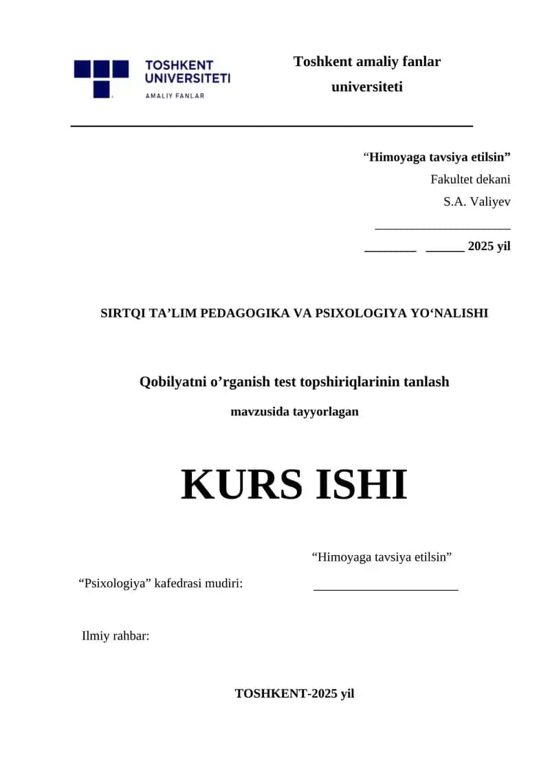 KURS ISHI "Himoyaga tavsiya etilsin"