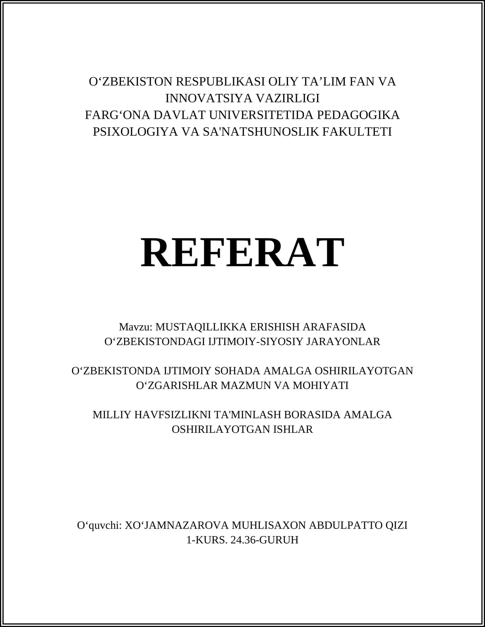 MUSTAQILLIKKA ERISHISH ARAFASIDA OʻZBEKISTONDAGI IJTIMOIY-SIYOSIY JARAYONLAR