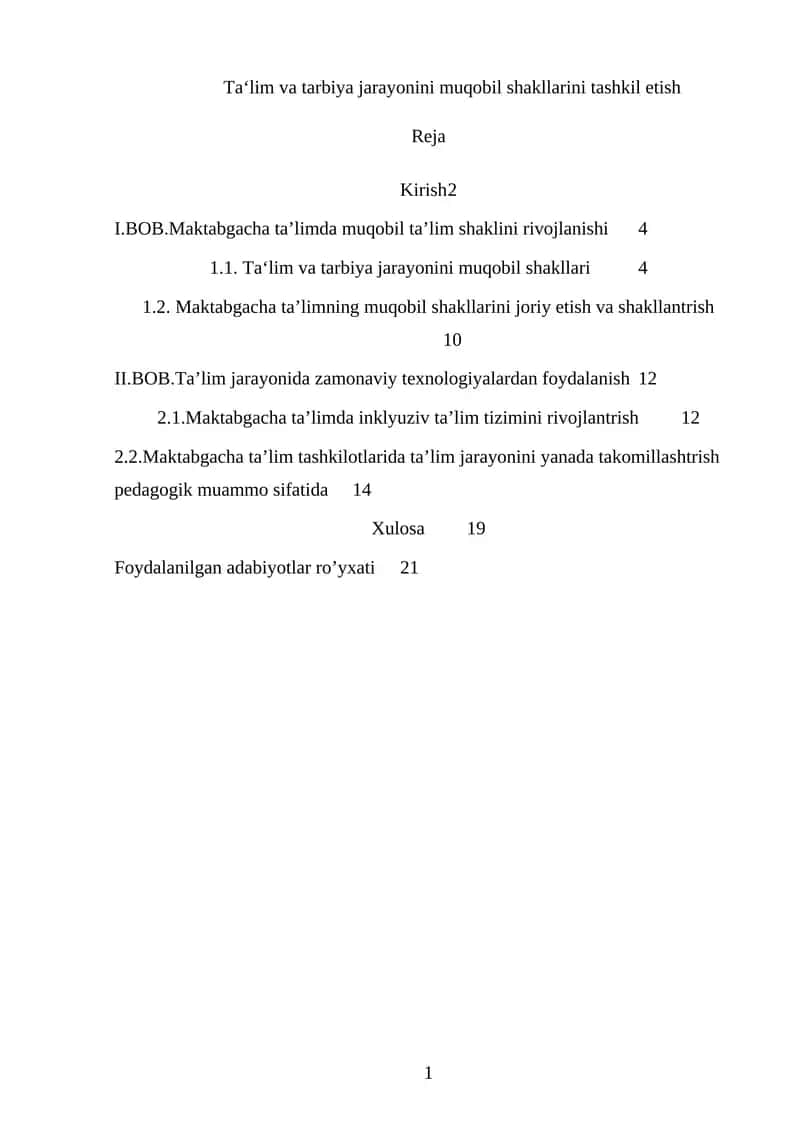 Maktabgacha ta'limning muqobil shakllarini joriy etish va shakllantrish