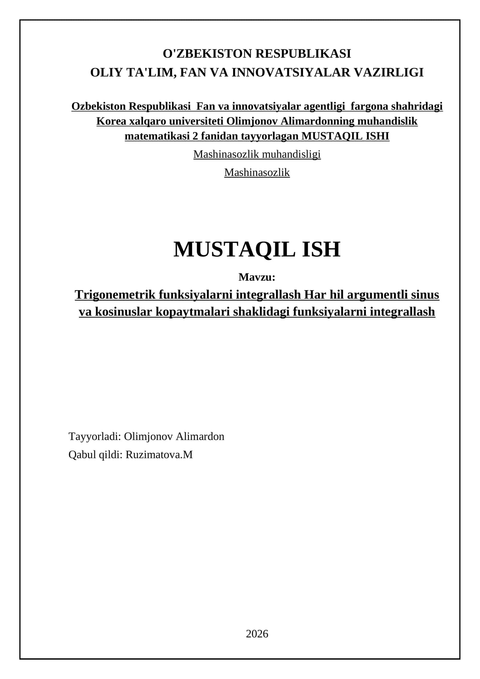 Trigonemetrik funksiyalarni integrallash Har hil argumentli sinus va kosinuslar kopaytmalari shaklidagi funksiyalarni integrallash