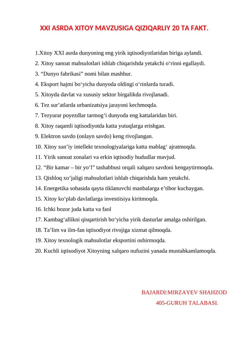 XXI asrda Xitoy mavzusiga qiziqarliy 20 ta fakt