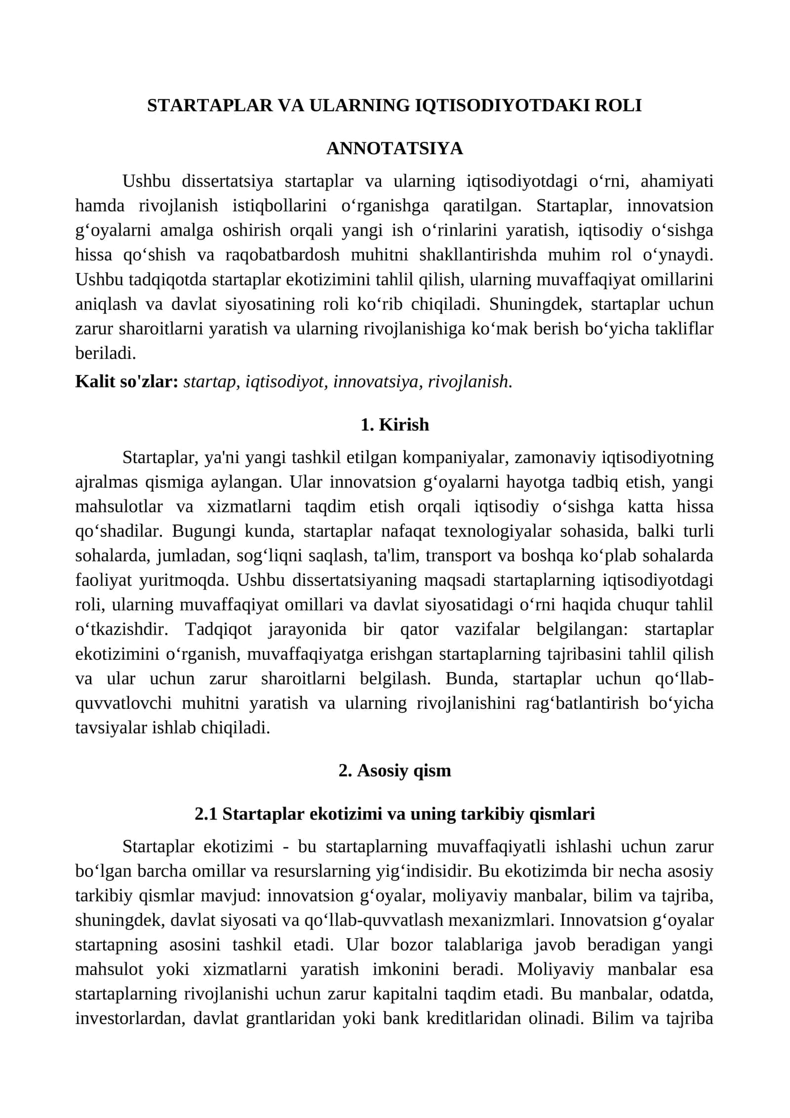 Startaplar va ularning iqtisodiyotdagi roli