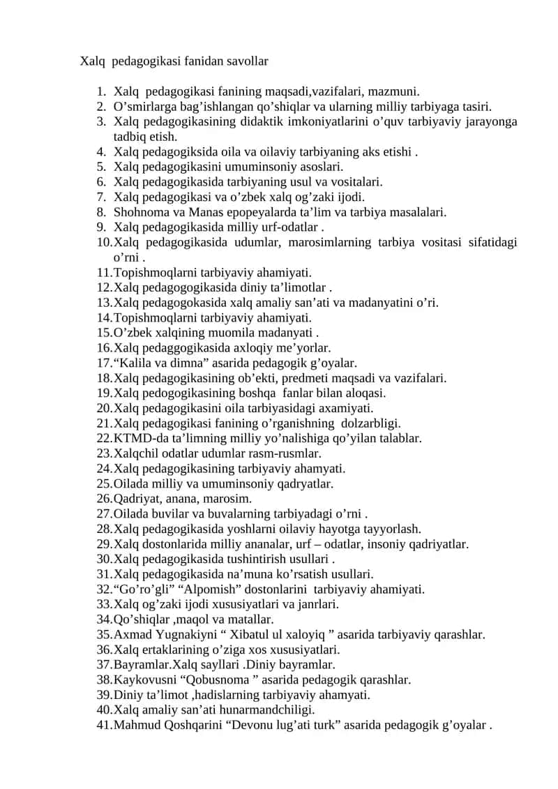 Xalq pedagogikasi fanidan savollar