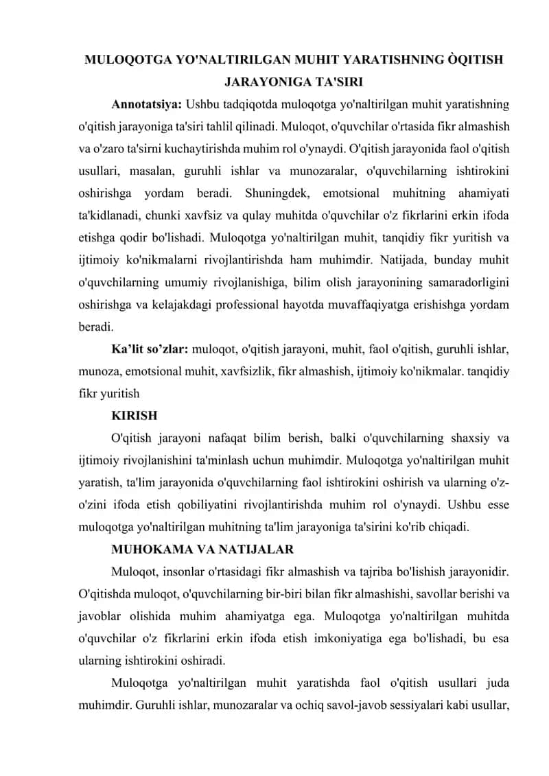 Muloqotga yo'naltirilgan muhit yaratishning òqitish jarayoniga ta'siri