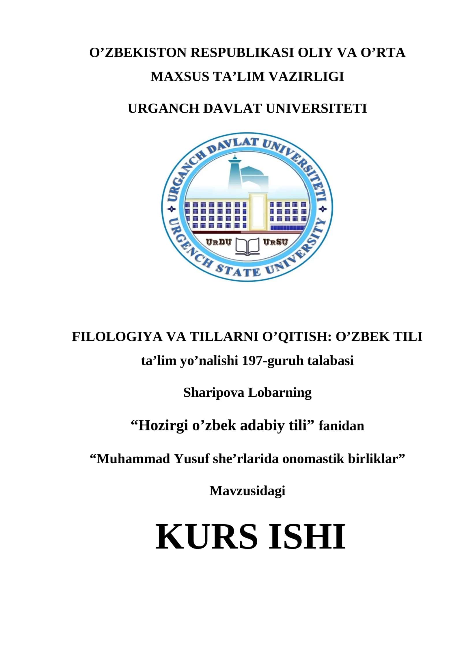 Mavzu: "Muhammad Yusuf she’rlarida onomastik birliklar"