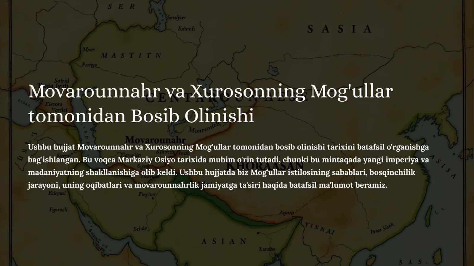 Movarounnahr va Xurosonning Mog'ullar tomonidan Bosib Olinishi mavzusida tayyor taqdimot