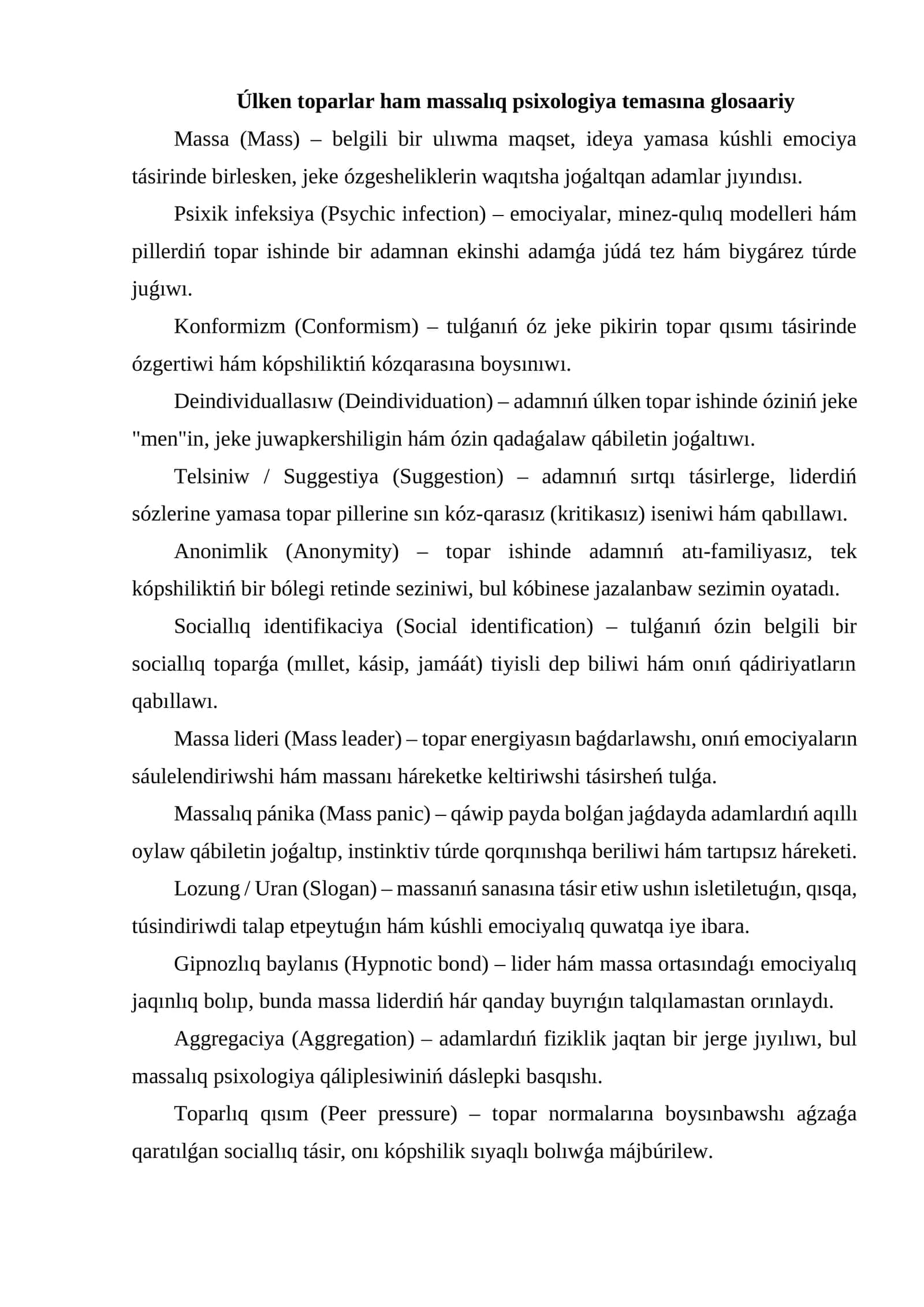 Úlken toparlar ham massalıq psixologiya temasına glosaariy