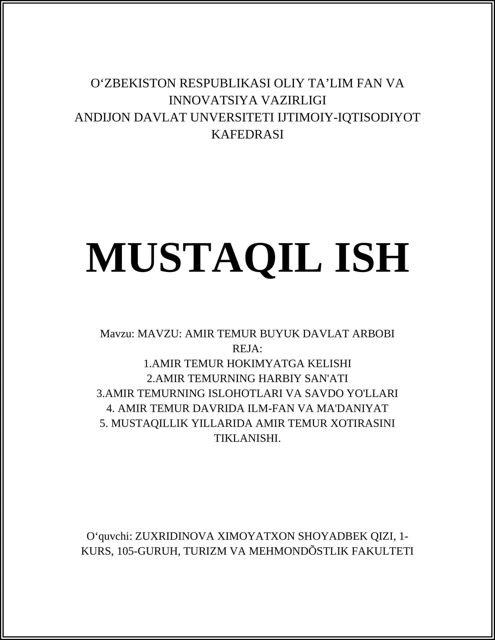AMIR TEMUR BUYUK DAVLAT ARBOBI