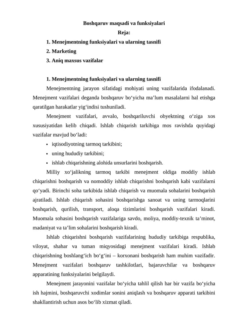 Menejmentning funksiyalari va ularning tasnifi