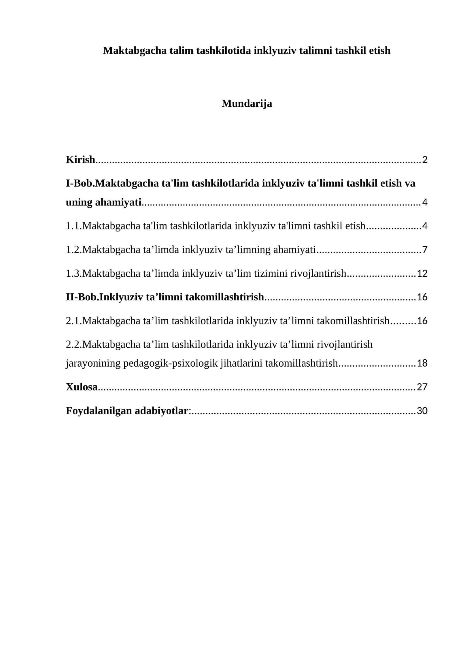 Maktabgacha talim tashkilotida inklyuziv talimni tashkil etish