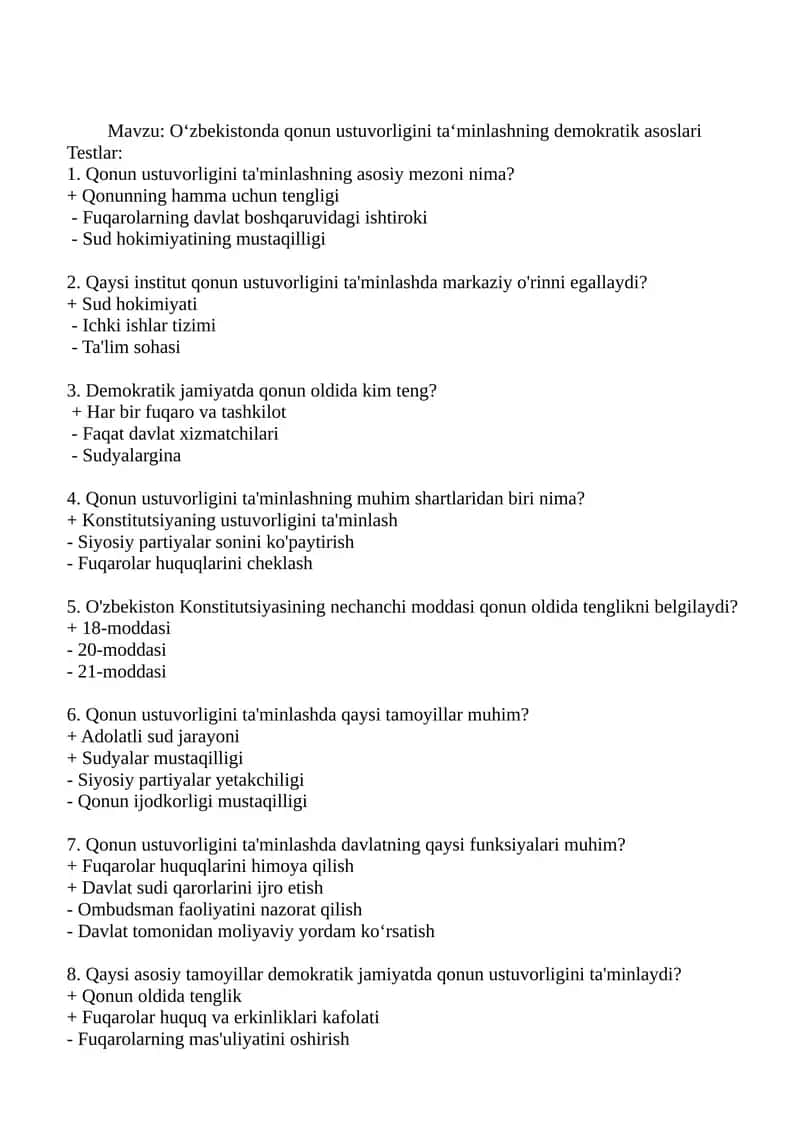O‘zbekistonda qonun ustuvorligini ta‘minlashning demokratik asoslari