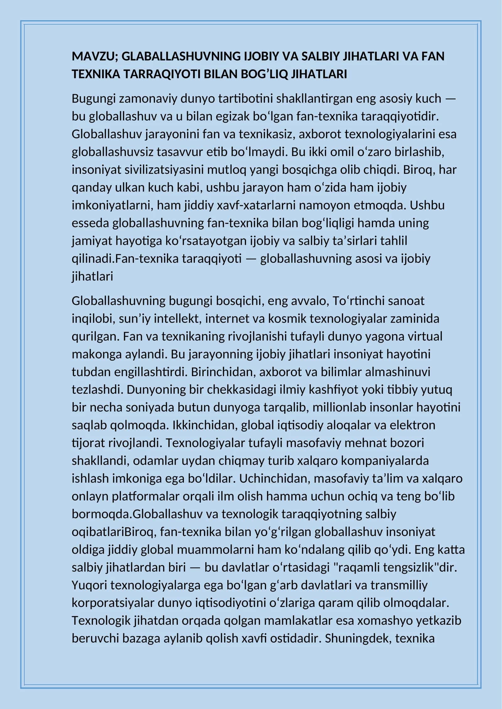 globallashuv jaroyoni ijobiy salbiy jihatlari
