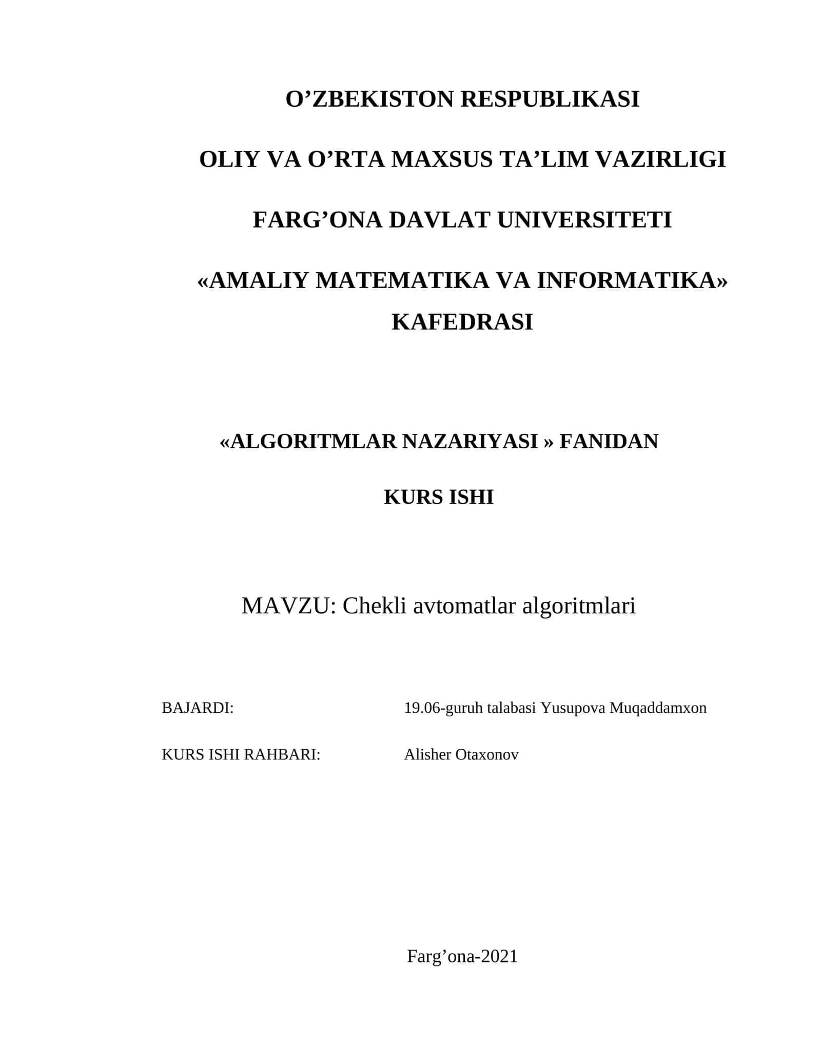 Chekli avtomatlar algoritmlari