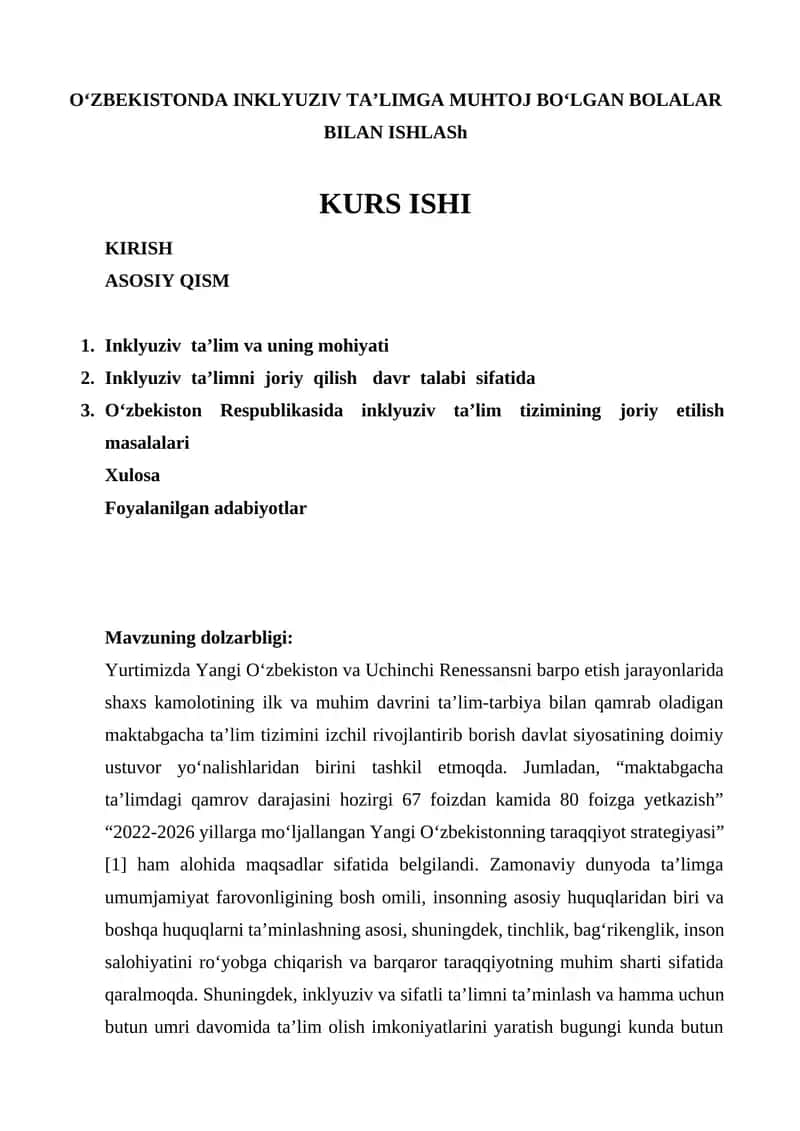 Inklyuziv ta’limga muhtoj bolalar bilan ishlash kurs ishi