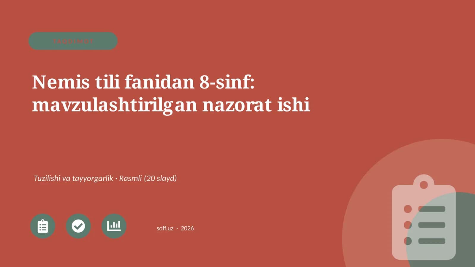 Nemis tili fanidan 8-sinf: mavzulashtirilgan nazorat ishi