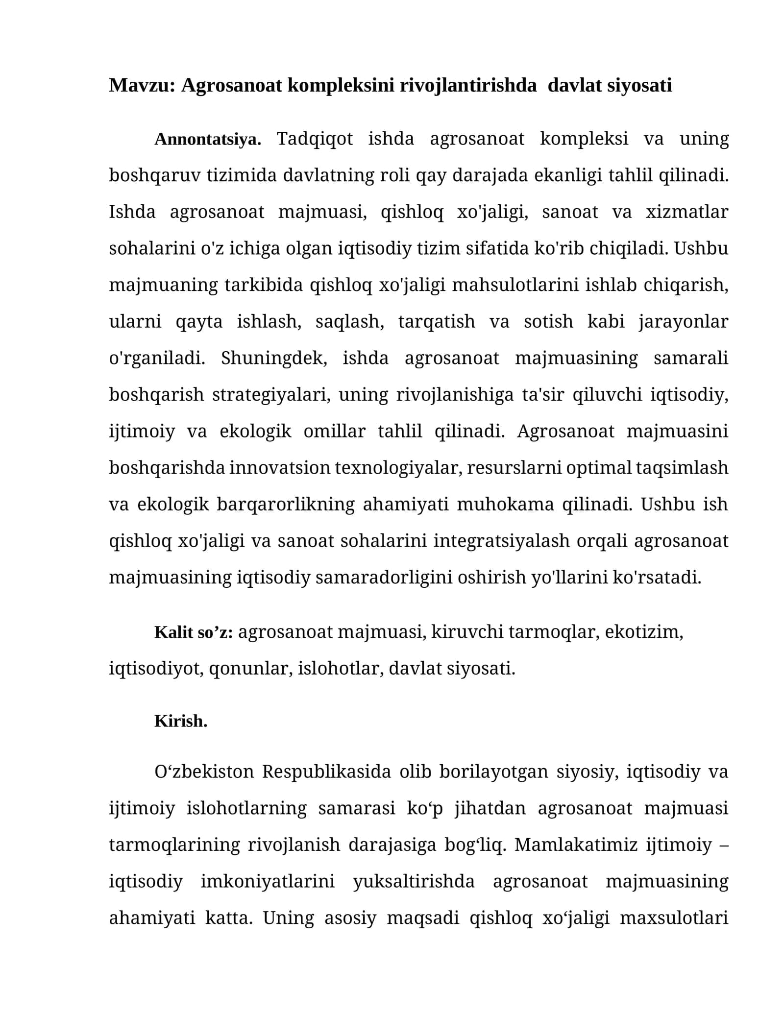 Agrosanoat kompleksini rivojlantirishda davlat siyosati