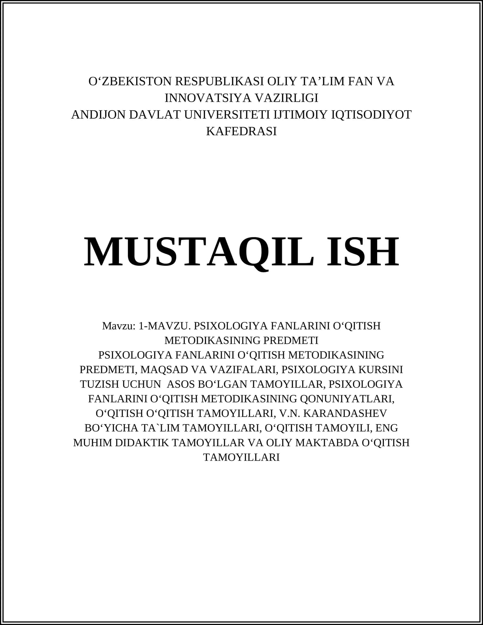 PSIXOLOGIYA FANLARINI O‘QITISH METODIKASI