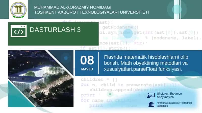 Flashda matematik hisoblashlarni olib borish. Math obyektining metodlari va xususiyatlari. parseFloat funksiyasi