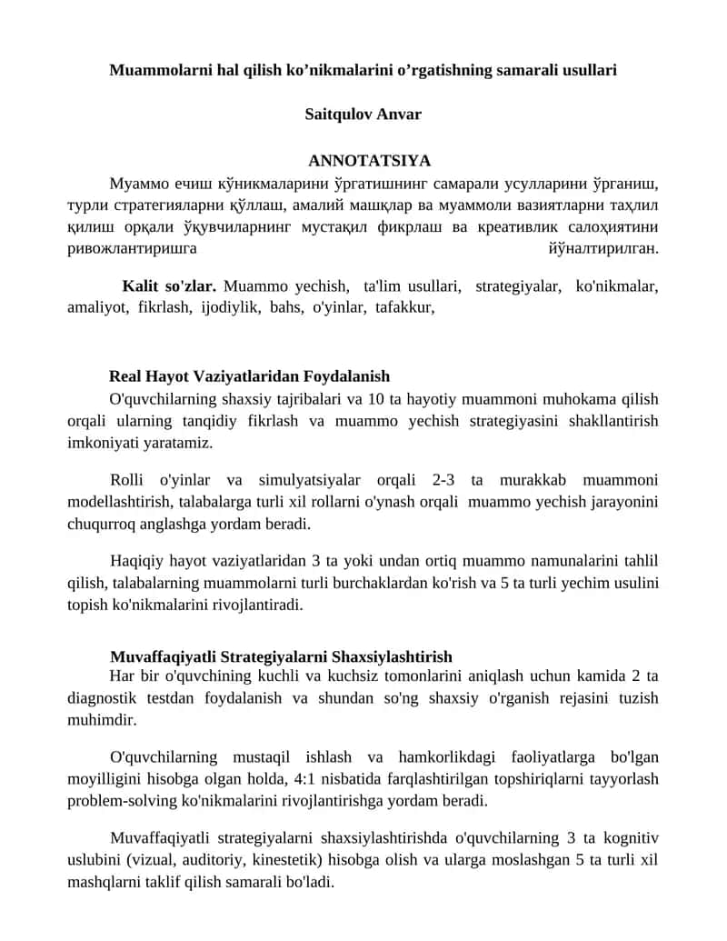 Muammolarni hal qilish ko’nikmalarini o’rgatishning samarali usullari