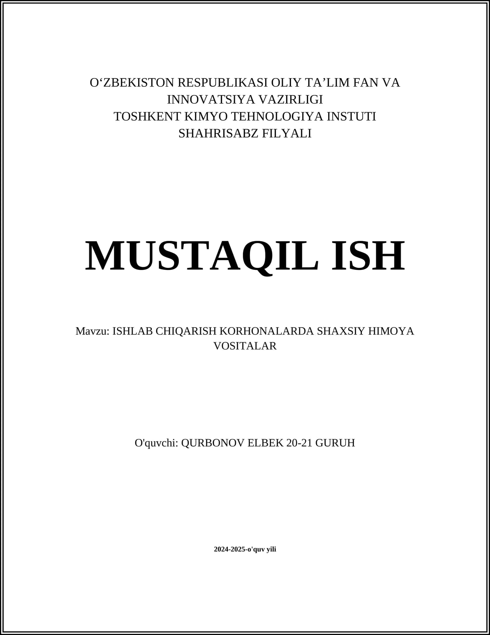 ISHLAB CHIQARISH KORHONALARDA SHAXSIY HIMOYA VOSITALAR