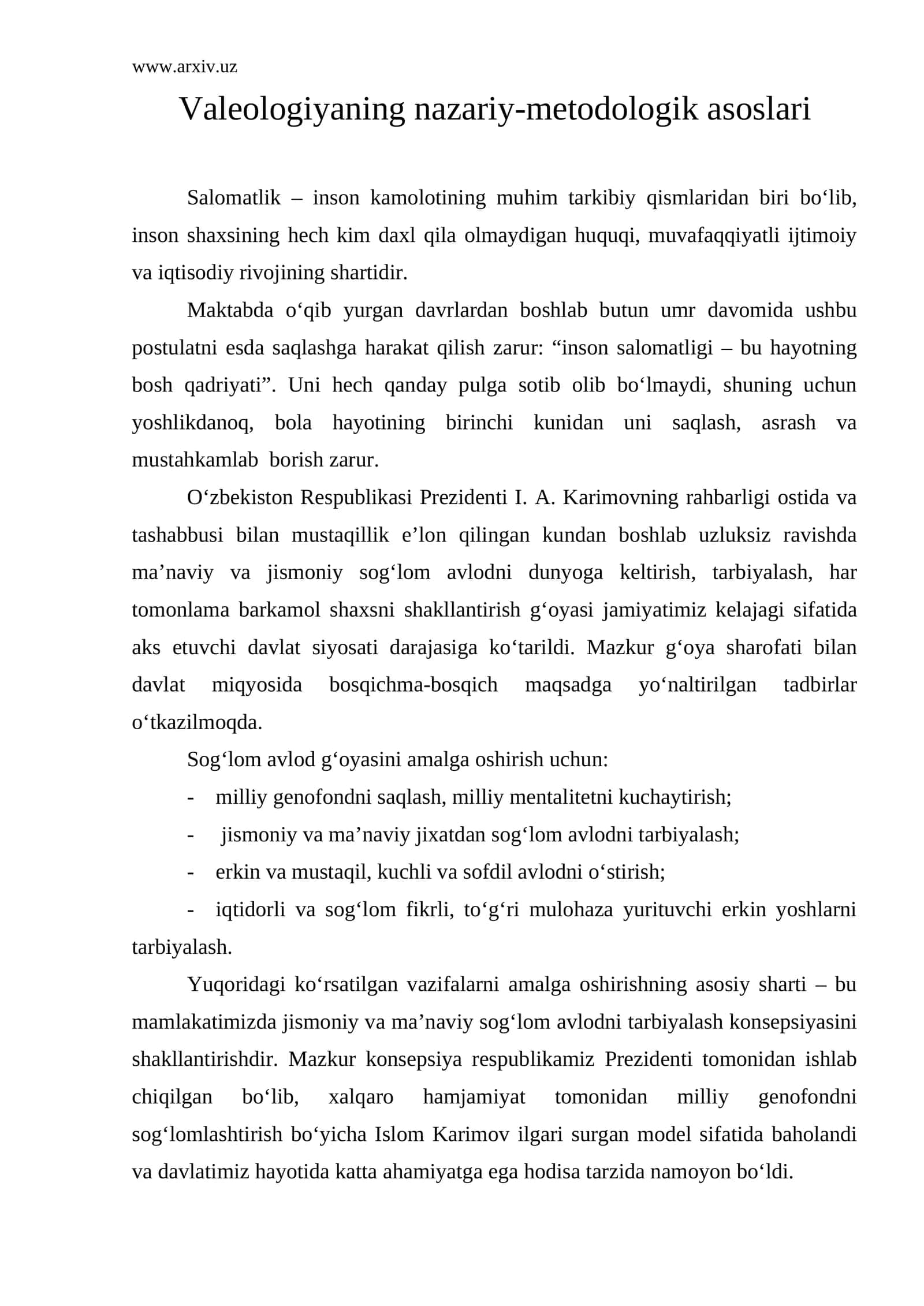Valeologiyaning nazariy-metodologik asoslari