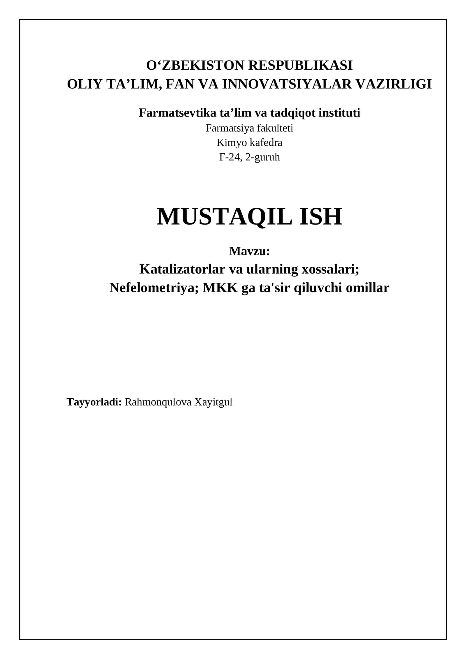Katalizatorlar va ularning xossalari
