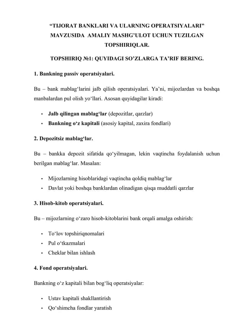 TIJORAT BANKLARI VA ULARNING OPERATSIYALARI