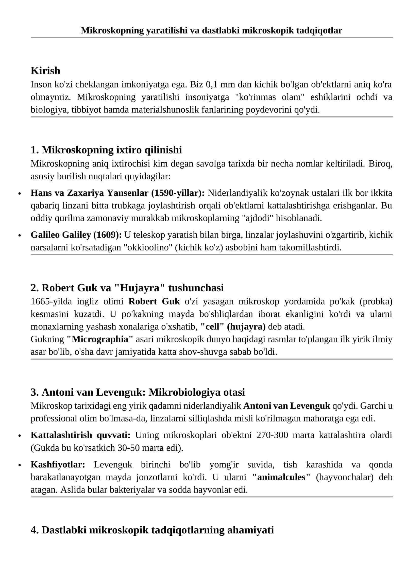 Mikroskopning yaratilishi va dastlabki mikroskopik tadqiqotlar