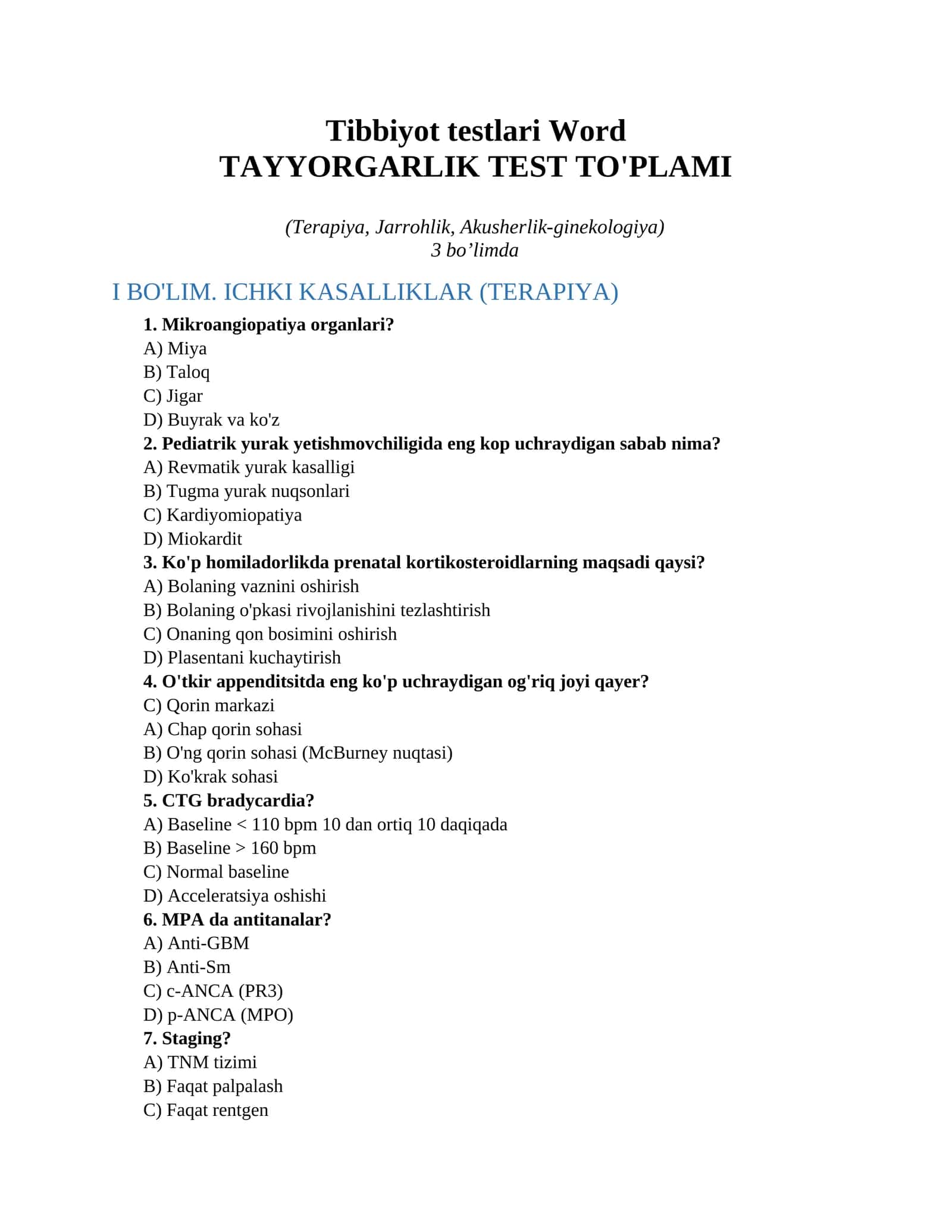 Tibbiyot testlari Word