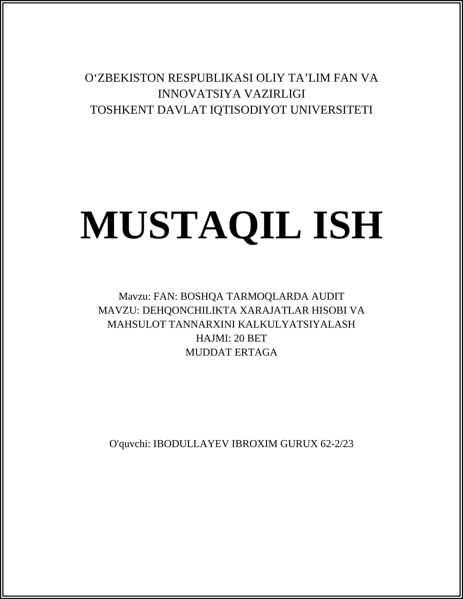 DEHQONCHILIKTA XARAJATLAR HISOBI VA MAHSULOT TANNARXINI KALKULYATSIYALASH