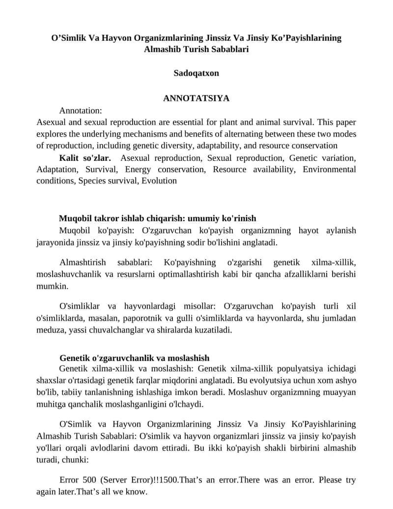 O’Simlik Va Hayvon Organizmlarining Jinssiz Va Jinsiy Ko’Payishlarining Almashib Turish Sabablari Sadoqatxon