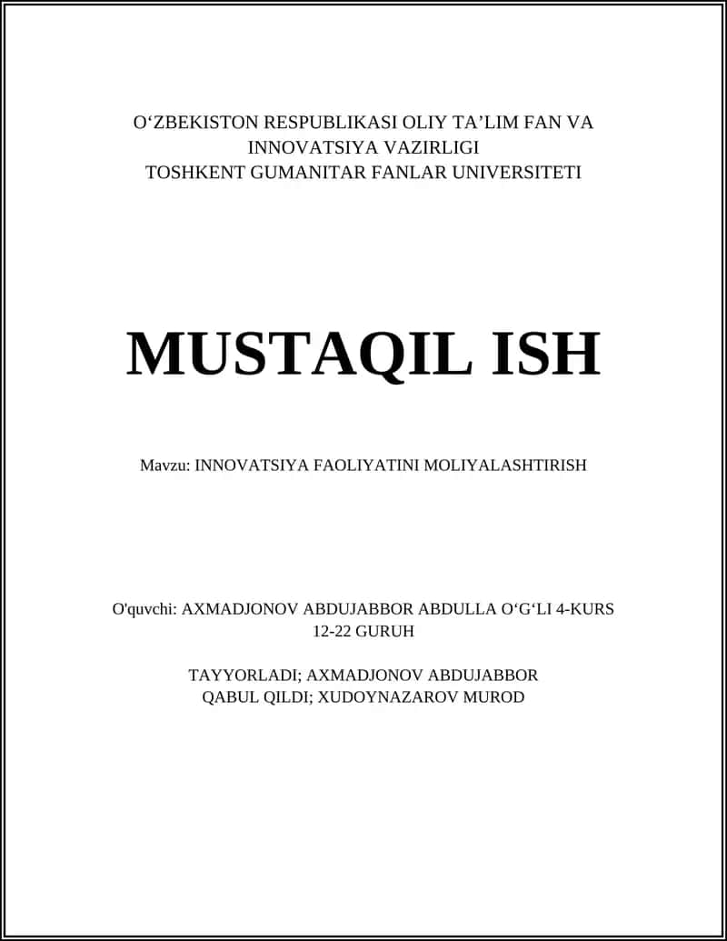 Innovatsiya faoliyatini moliyalashtirish