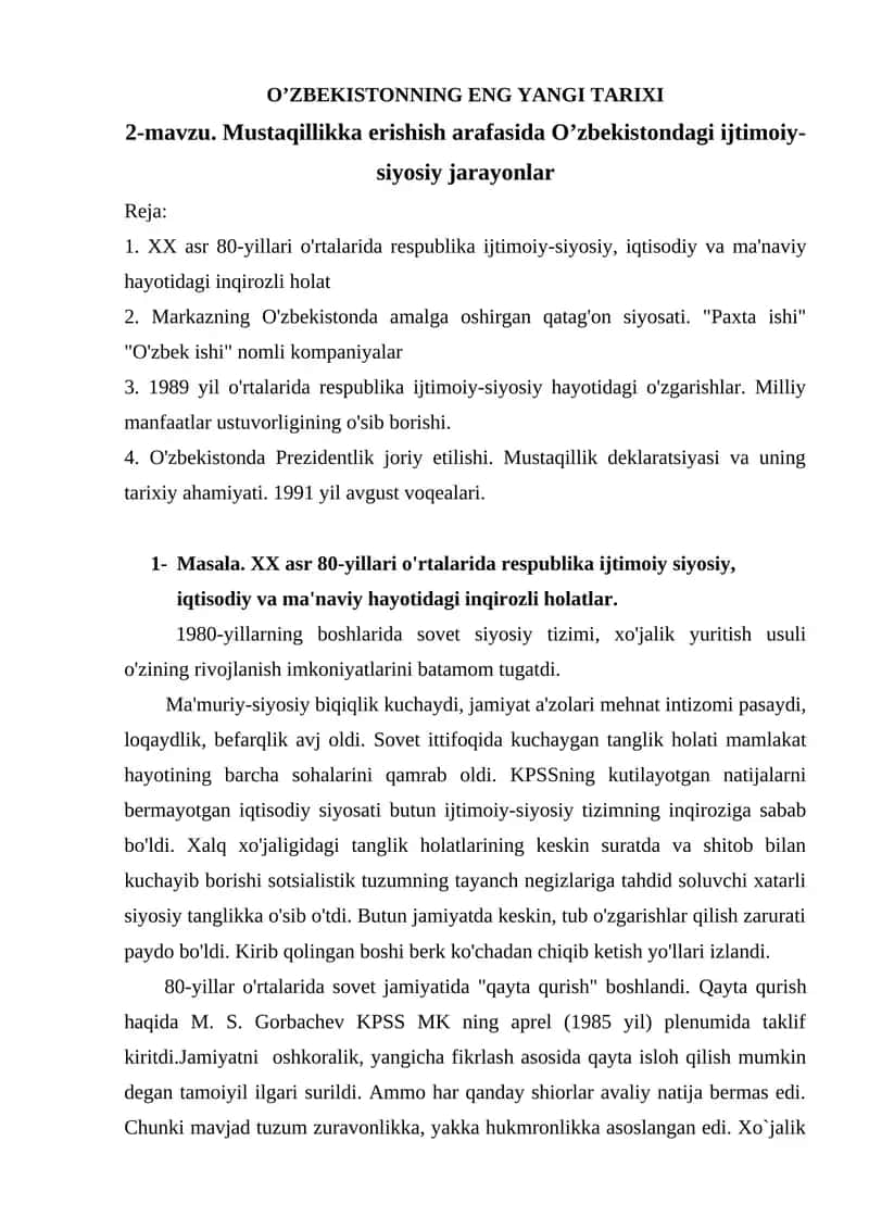 Mustaqillikka erishish arafasida O’zbekistondagi ijtimoiy-siyosiy jarayonlar