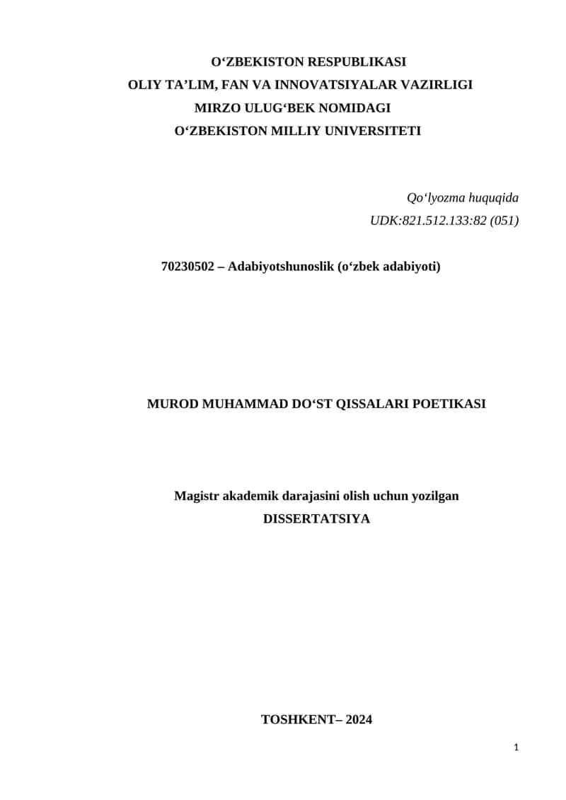 MUROD MUHAMMAD DOʻST QISSALARI POETIKASI