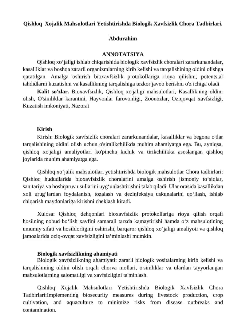 Qishloq Xojalik Mahsulotlari Yetishtirishda Biologik Xavfsizlik Chora Tadbirlari