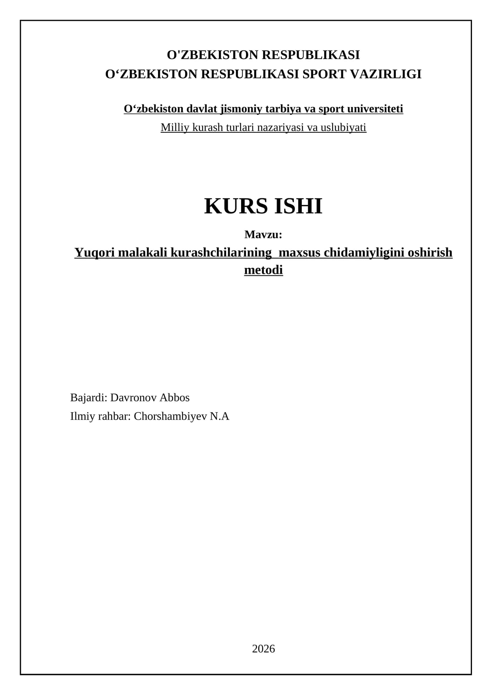 Yuqori malakali kurashchilarining maxsus chidamiyligini oshirish metodi