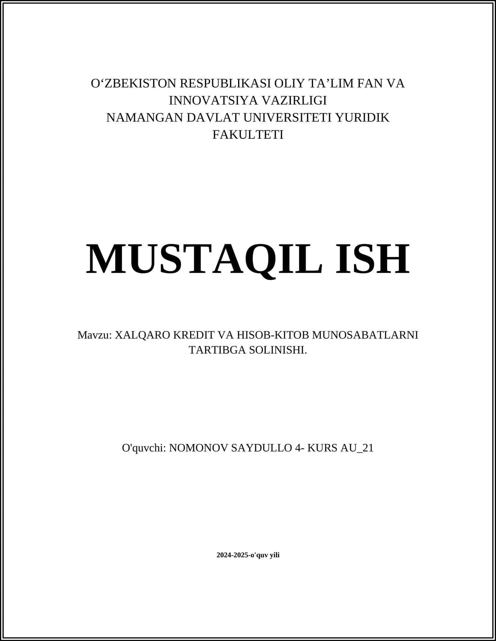 XALQARO KREDIT VA HISOB-KITOB MUNOSABATLARNI TARTIBGA SOLINISHI
