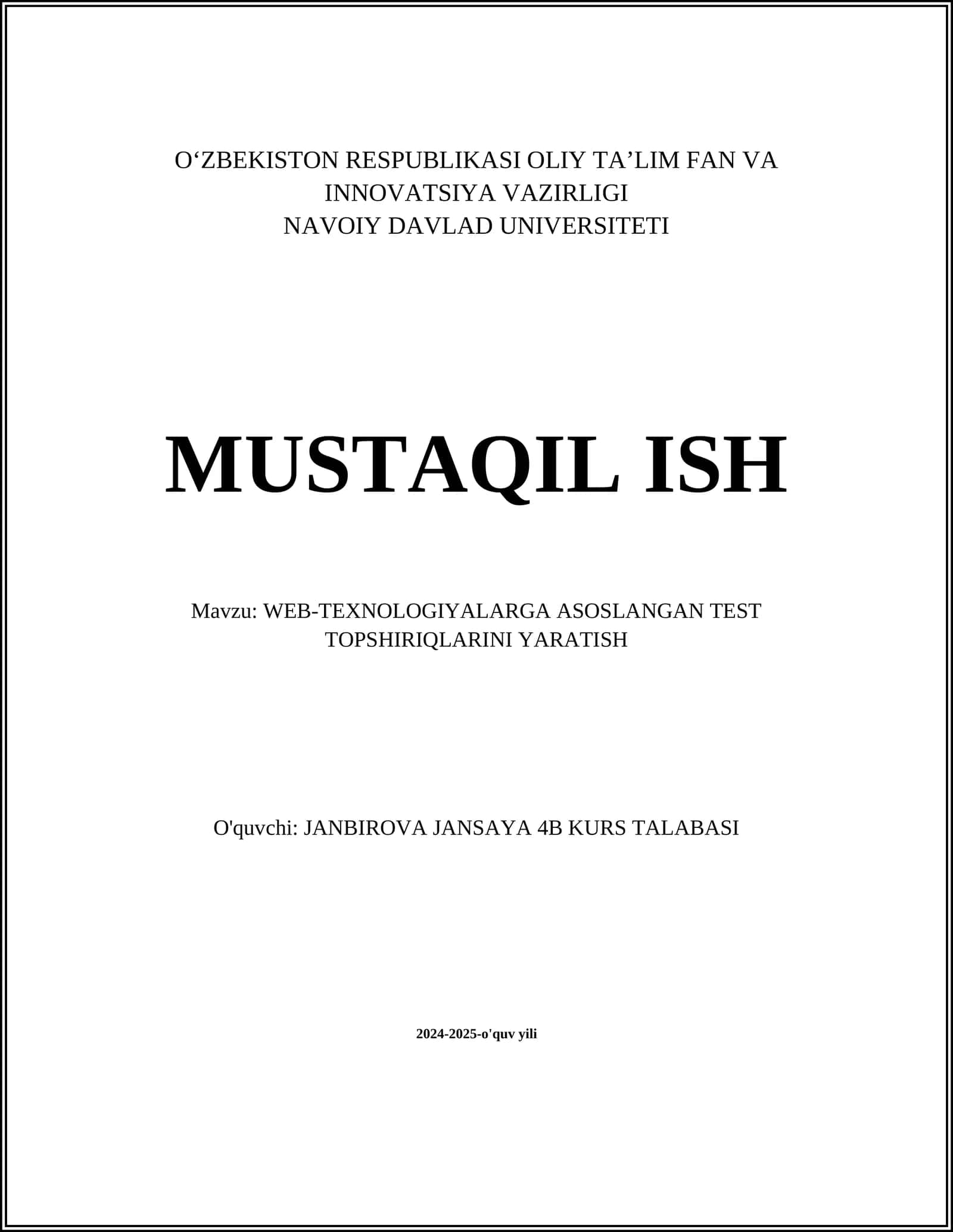WEB-TEXNOLOGIYALARGA ASOSLANGAN TEST TOPSHIRIQLARINI YARATISH