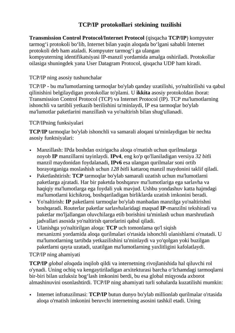 TCP/IP protokollari stekining tuzilishi