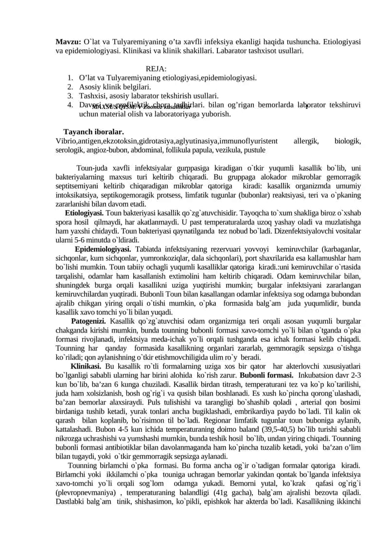 O`lat va Tulyaremiyaning o’ta xavfli infektsiya