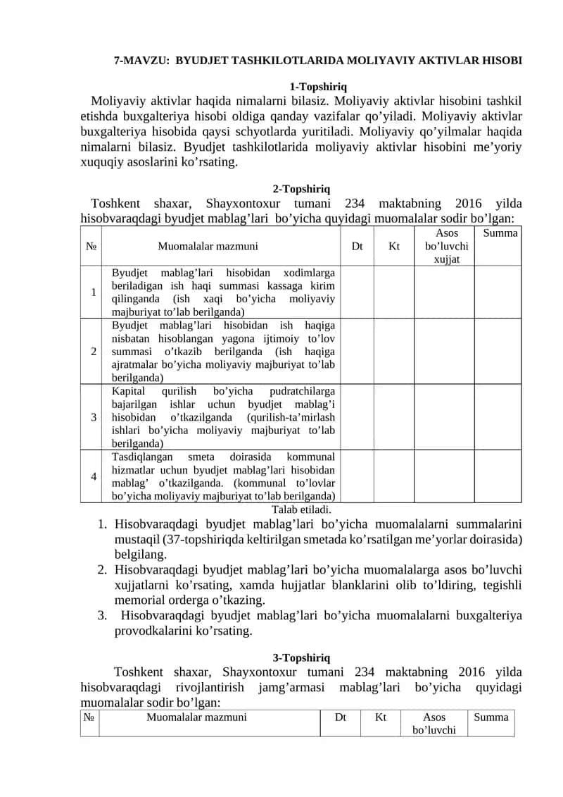 BYUDJET TASHKILOTLARIDA MOLIYAVIY AKTIVLAR HISOBI