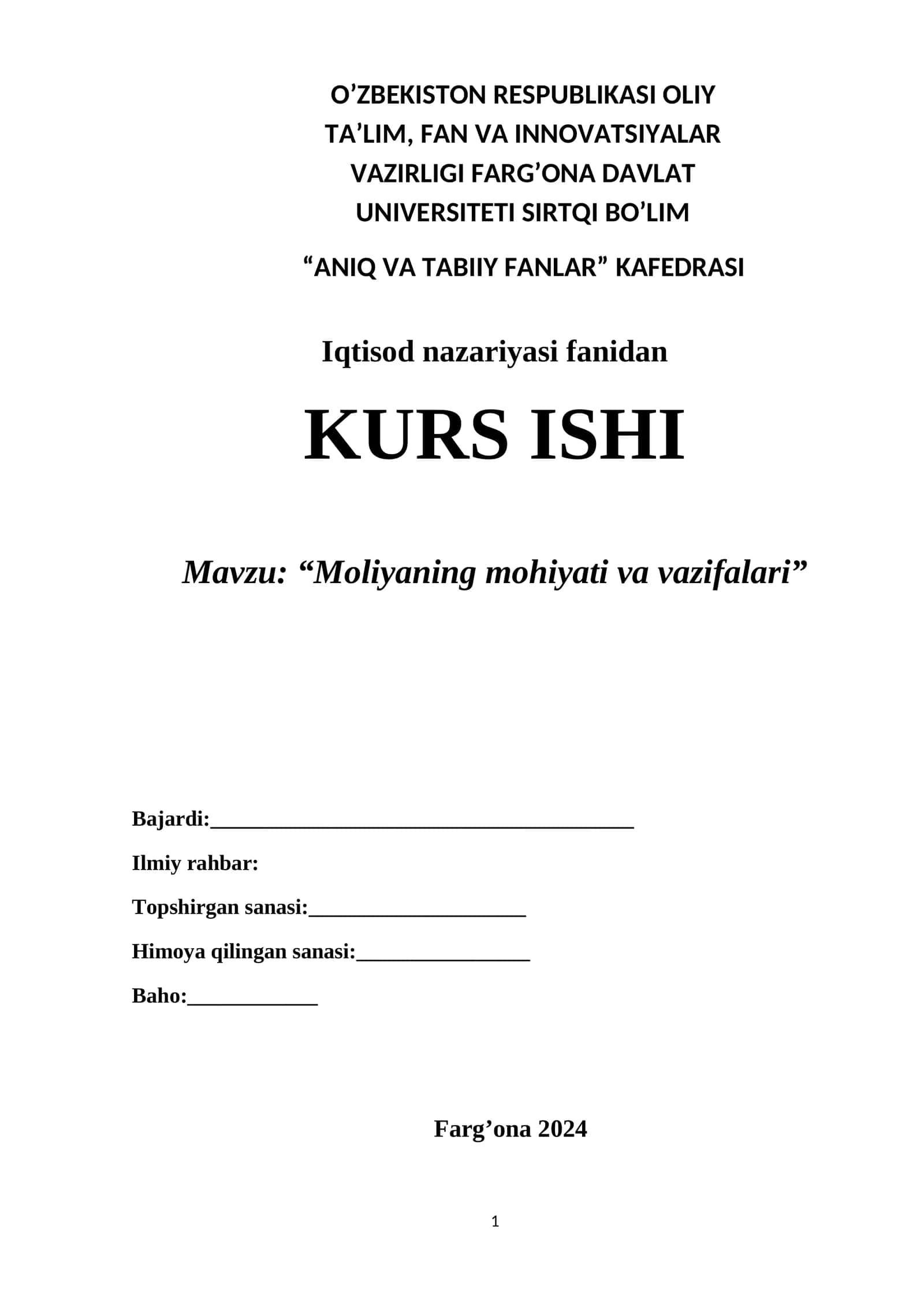 KURS ISHI: “Moliyaning mohiyati va vazifalari”