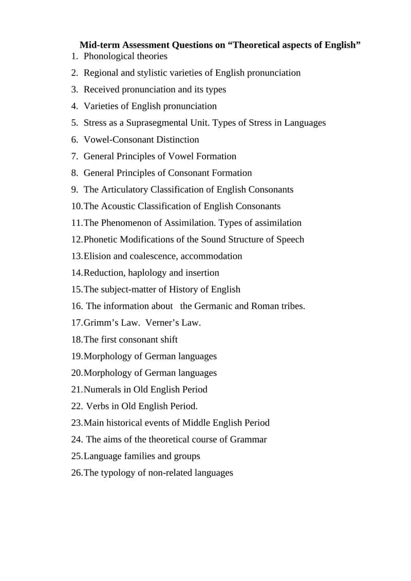 Mid-term Assessment Questions on "Theoretical aspects of English"