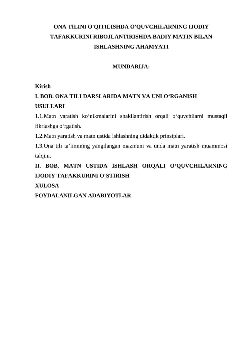ONA TILINI O'QITILISHDA O'QUVCHILARNING IJODIY TAFAKKURINI RIBOJLANTIRISHDA BADIY MATIN BILAN ISHLASHNING AHAMYATI