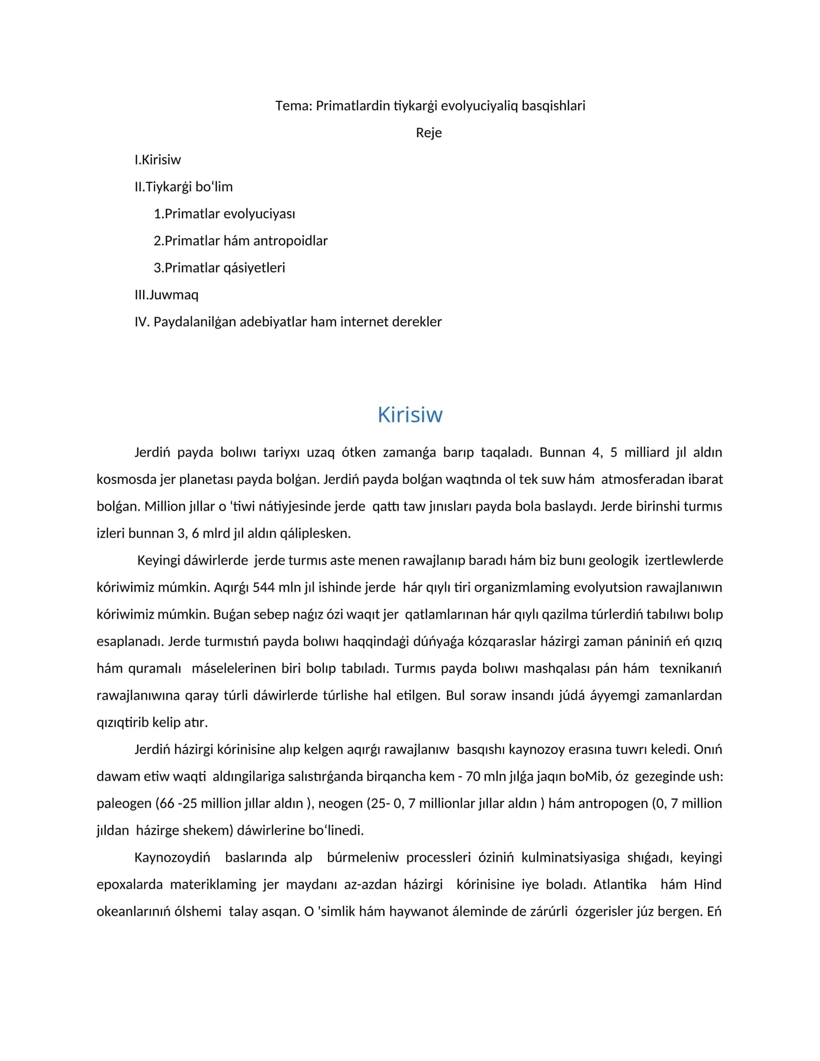 Primatlardin tiykarģi evolyuciyaliq basqishlari