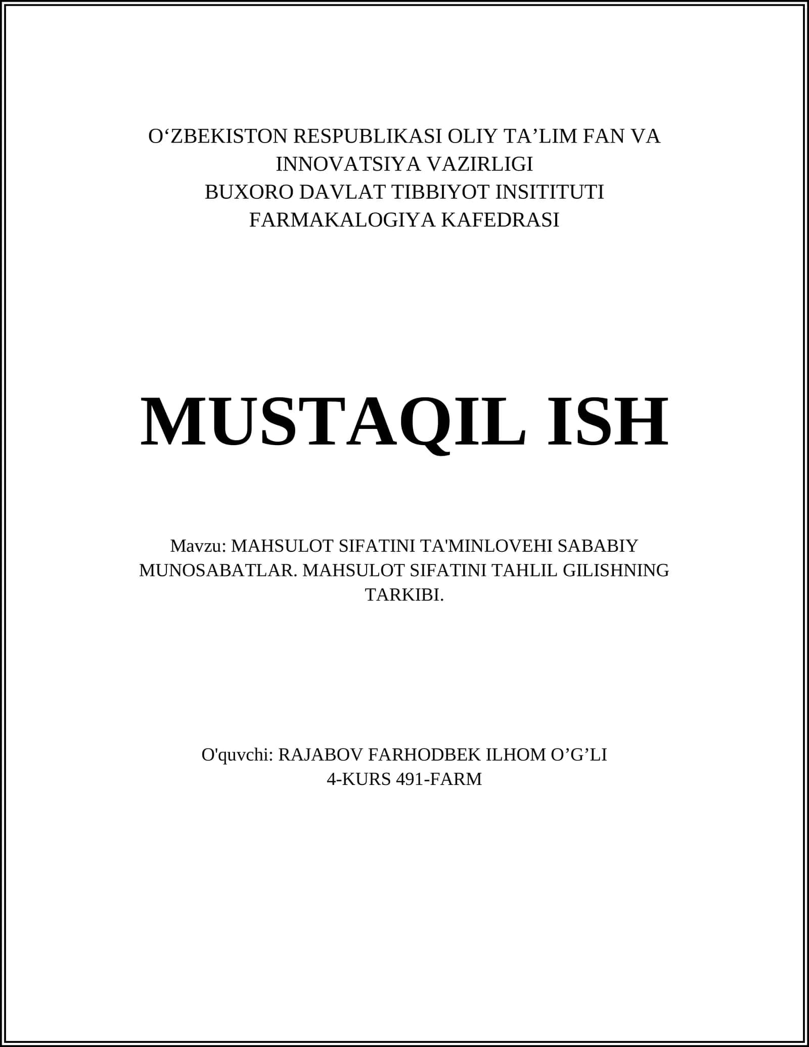 MAHSULOT SIFATINI TA'MINLOVEHI SABABIY MUNOSABATLAR. MAHSULOT SIFATINI TAHLIL GILISHNING TARKIBI